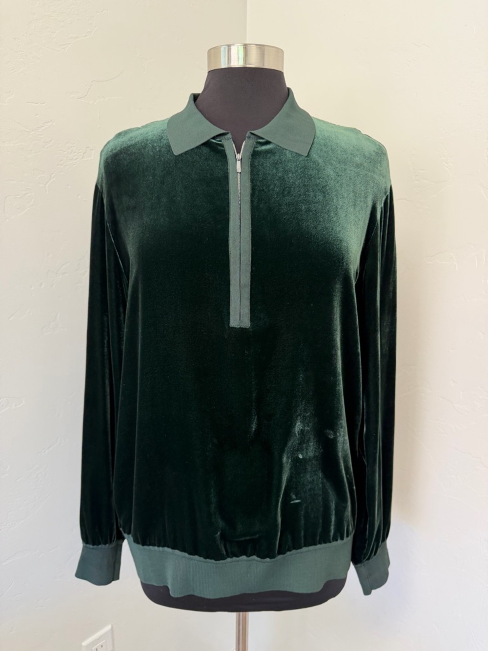 Lafayette 148 New York Velvet 1/3 Zip Bottle Green Silk Blend Blouse Size L